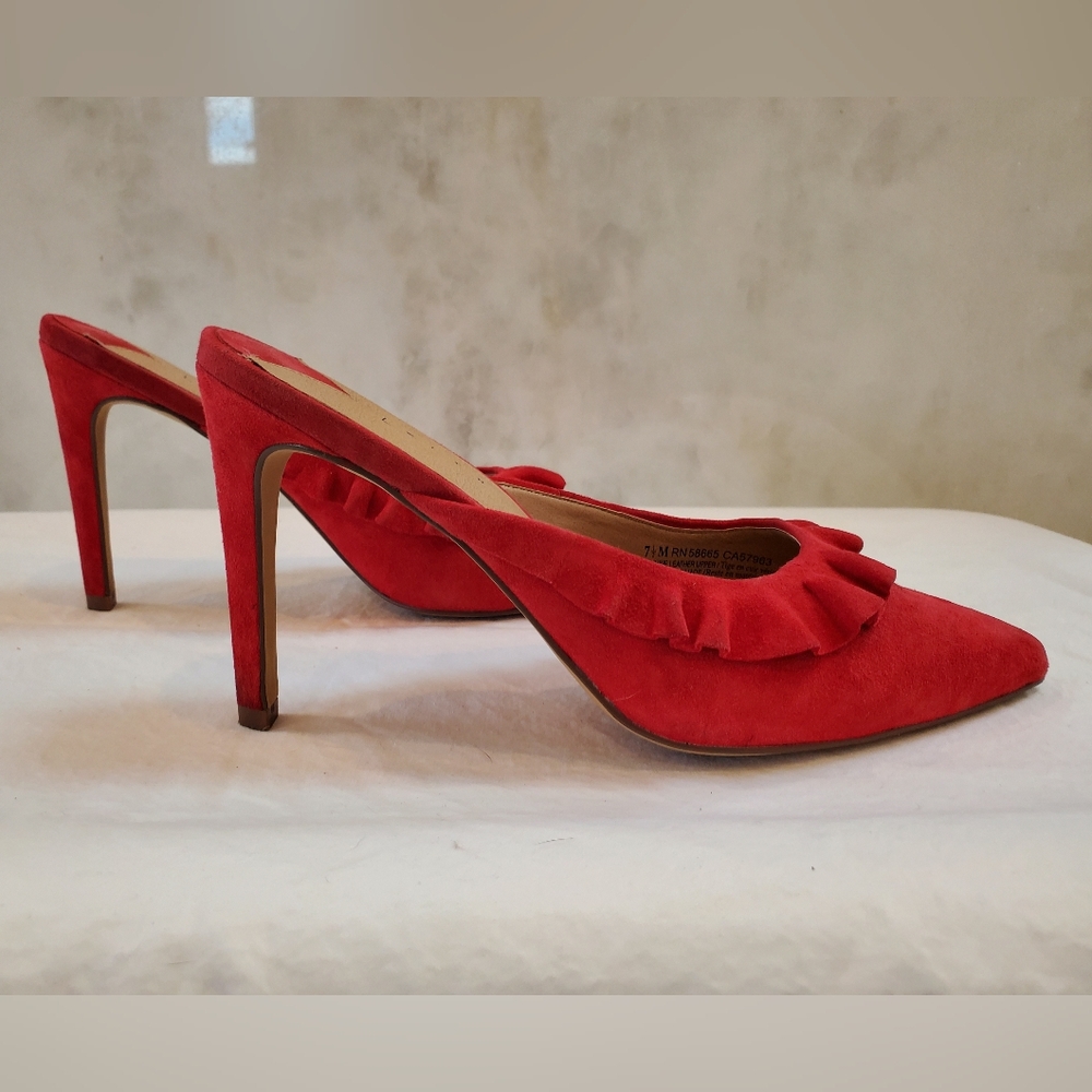 Leith red suede mule with ruffle
